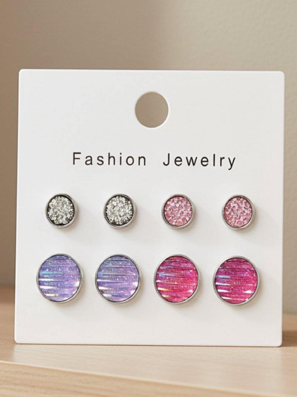 4 Pair Set - Pink Purple Iridescent Stud Earrings Set Sparkle Fashion Jewelry